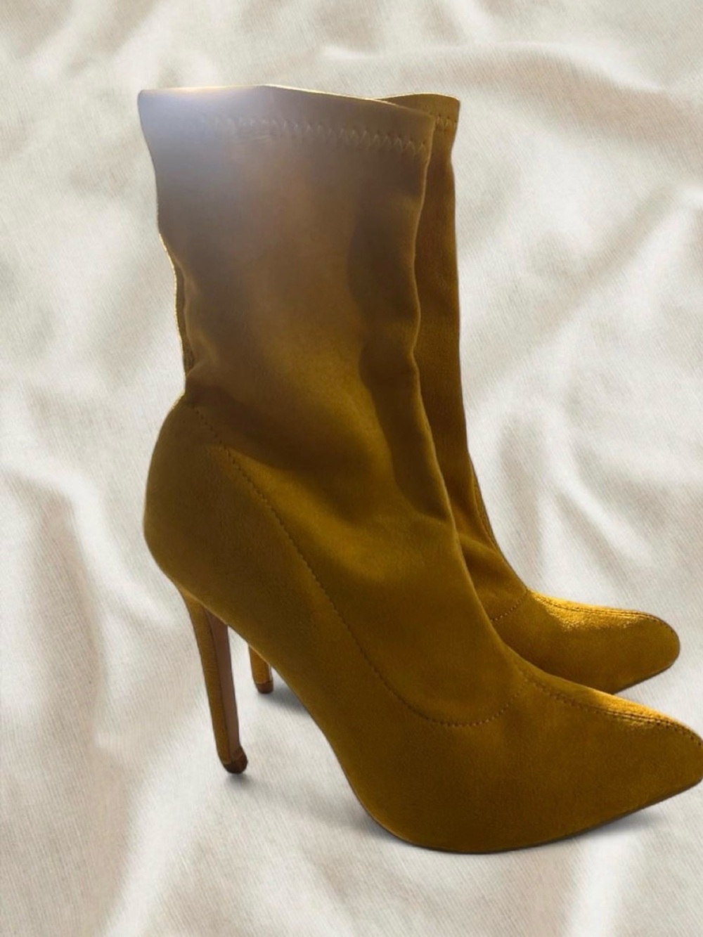Sleek Mustard Suede High-Heel Sock Boot